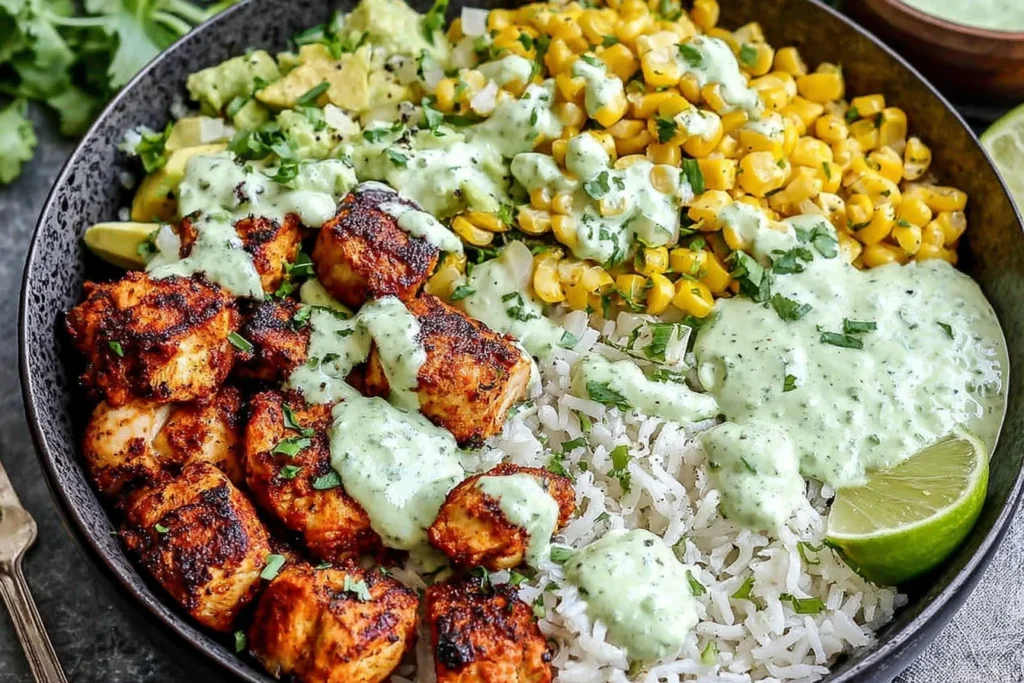 30-Minute Street Corn Chicken Rice Bowl with avocado, grilled chicken, and cilantro lime sauce over rice