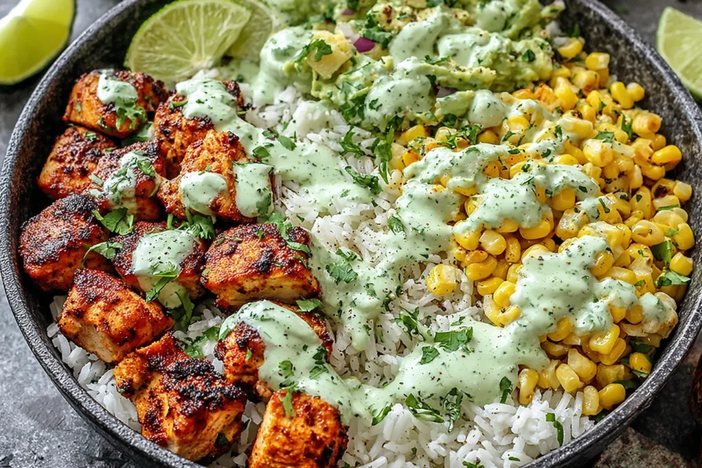 30-Minute Street Corn Chicken Rice Bowl with grilled chicken, charred corn, rice, and creamy cilantro lime sauce