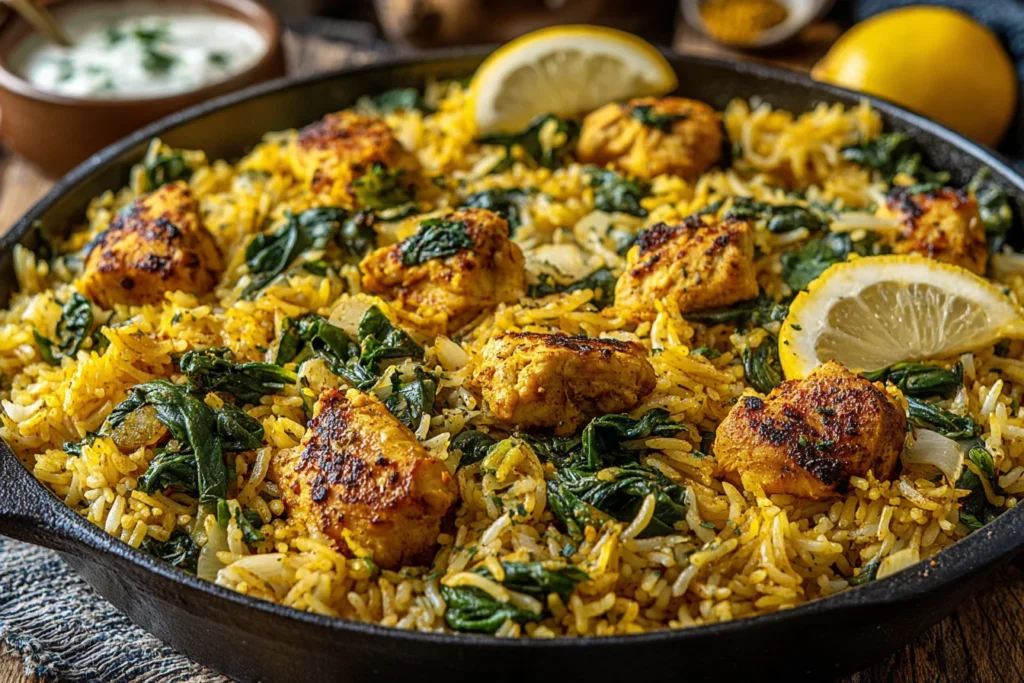 Close-up of Anti-Inflammatory Turmeric Chicken & Rice Recipe with browned chicken, fluffy rice, and fresh spinach