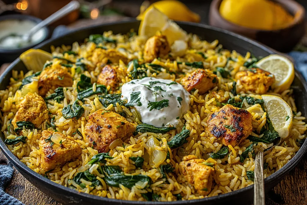 Anti-Inflammatory Turmeric Chicken & Rice Recipe served with lemon slices and creamy yogurt garnish in a pan