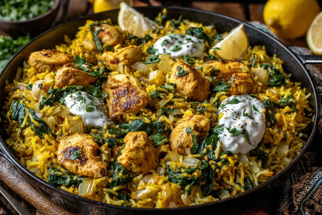 Anti-Inflammatory Turmeric Chicken & Rice Recipe in a skillet with spinach, lemon wedges, and yogurt topping