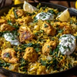 Anti-Inflammatory Turmeric Chicken & Rice Recipe in a skillet with spinach, lemon wedges, and yogurt topping