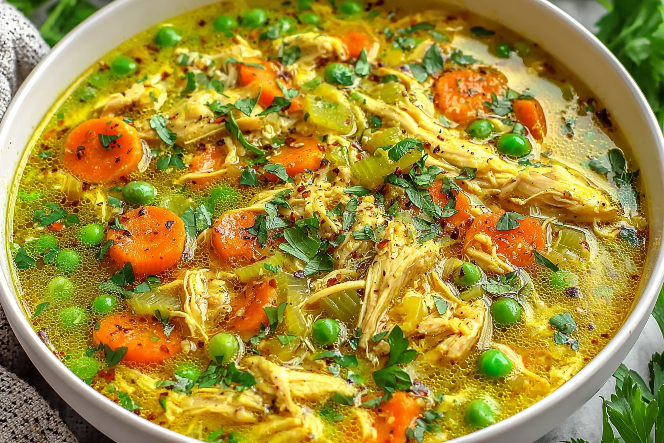Anti Inflammatory Turmeric Chicken Soup Recipe with carrots, celery, peas, and herbs in golden broth
