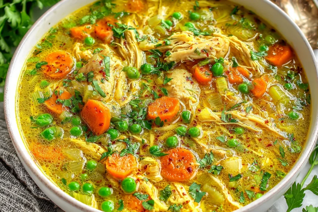Anti Inflammatory Turmeric Chicken Soup Recipe close-up with shredded chicken, peas, carrots, and fresh herbs