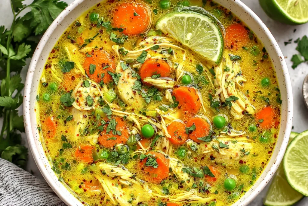 Anti Inflammatory Turmeric Chicken Soup Recipe with shredded chicken, carrots, peas, and lime slice