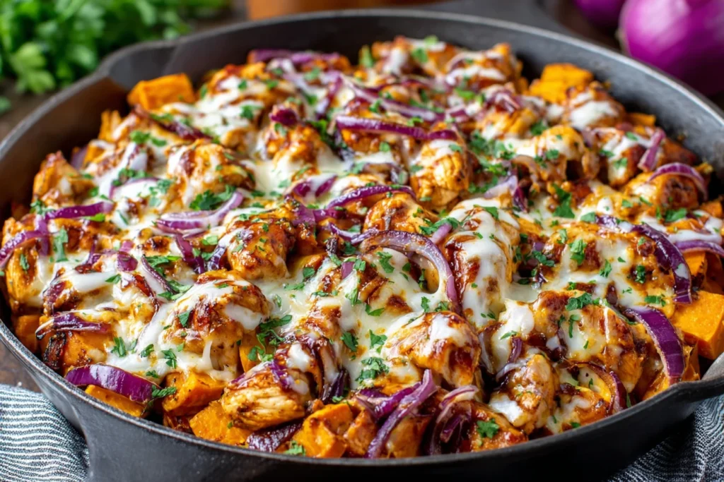 Cheesy BBQ Chicken Sweet Potato Skillet with sweet potatoes and fresh herbs