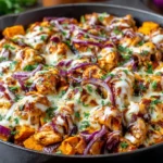 Cheesy BBQ Chicken Sweet Potato Skillet with sweet potatoes and fresh herbs