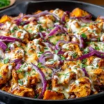 BBQ Chicken Sweet Potato Skillet with melted cheese and red onions in a cast iron pan