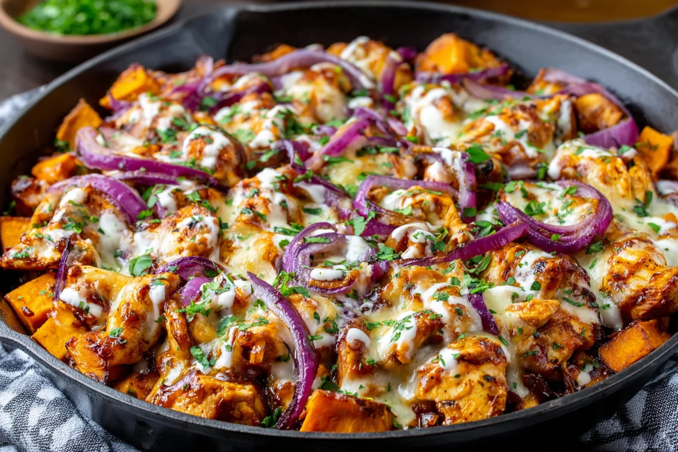 BBQ Chicken Sweet Potato Skillet with melted cheese and red onions in a cast iron pan