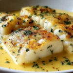 Close-up of Baked Cod in Coconut Lemon Cream Sauce with herbs and creamy texture