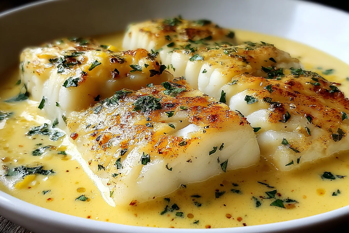 Close-up of Baked Cod in Coconut Lemon Cream Sauce with herbs and creamy texture