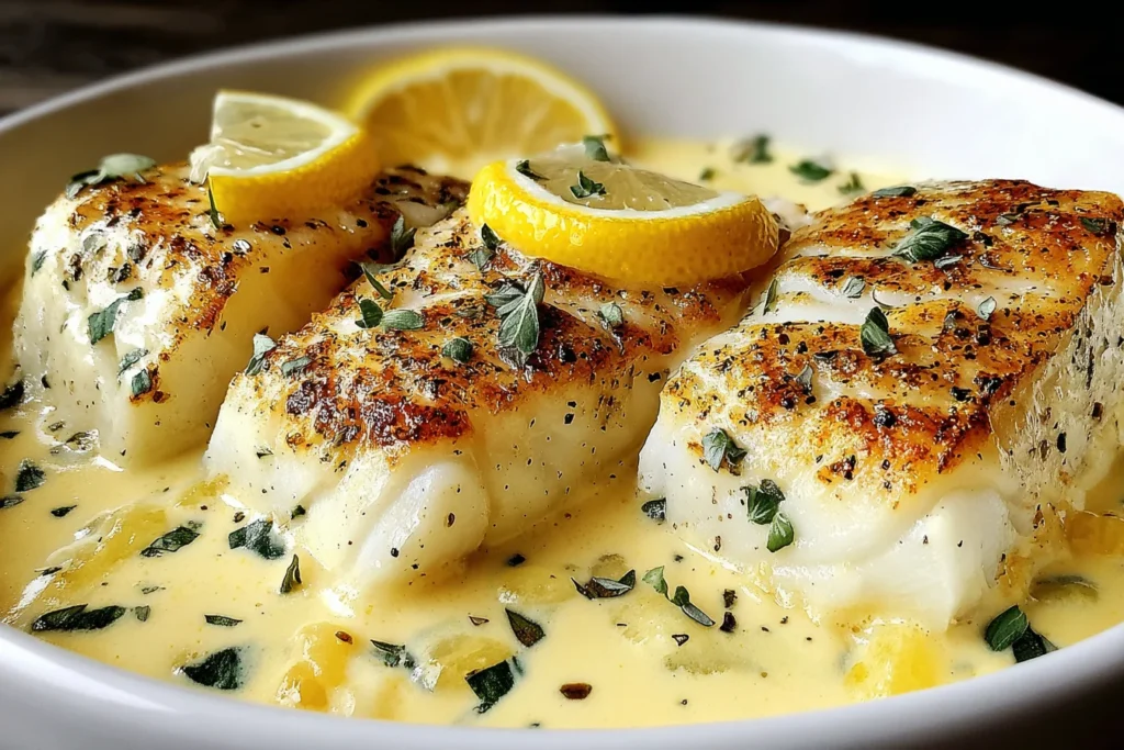 Baked Cod in Coconut Lemon Cream Sauce with lemon slices and creamy coconut sauce