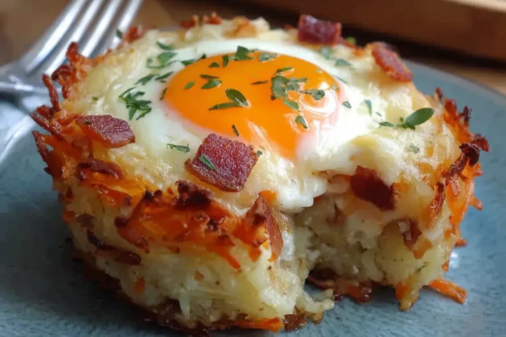 Close-up of Baked Eggs Napoleon with crispy golden edges, creamy cheese, and a runny yolk topped with herbs and bacon bits