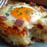 Close-up of Baked Eggs Napoleon with crispy golden edges, creamy cheese, and a runny yolk topped with herbs and bacon bits