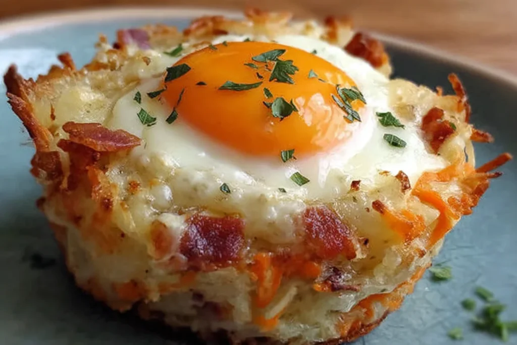 Baked Eggs Napoleon with crispy edges, melted cheese, and a golden yolk topped with fresh herbs