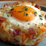 Baked Eggs Napoleon with crispy edges, melted cheese, and a golden yolk topped with fresh herbs