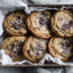 Homemade Banana Bread Chocolate Chip Cookies stacked in a tray with melted chocolate pieces