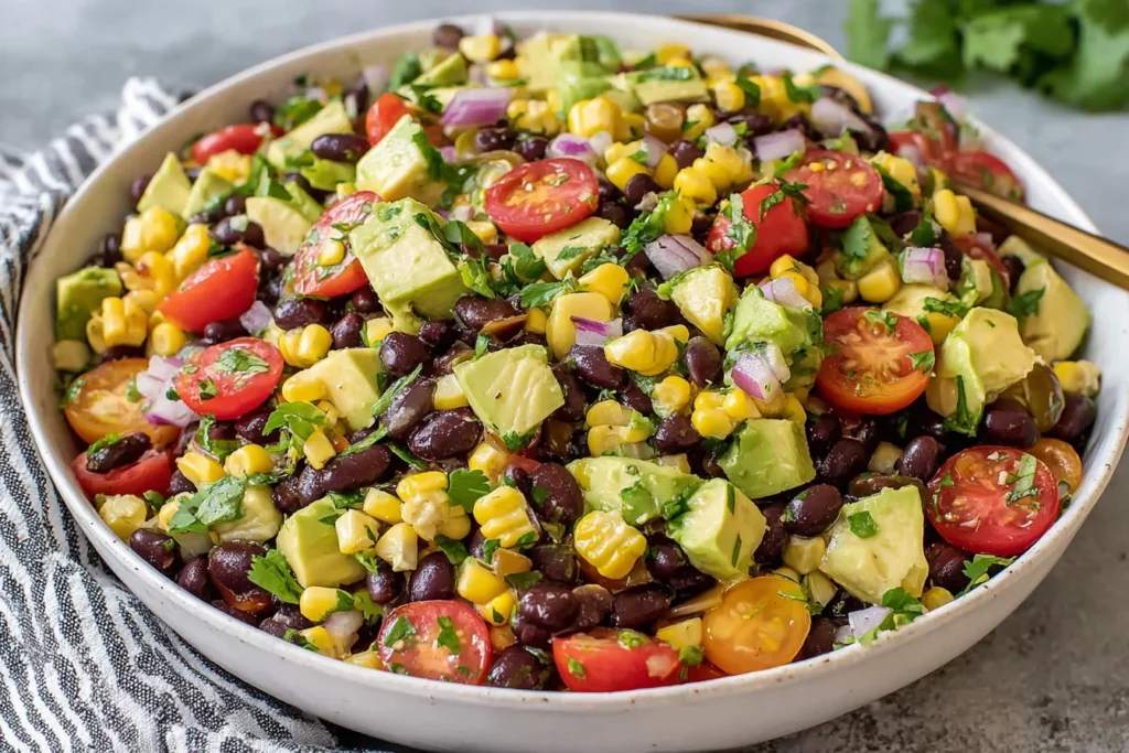 Healthy Black Bean Salad with Corn & Avocado served in a large bowl with fresh ingredients