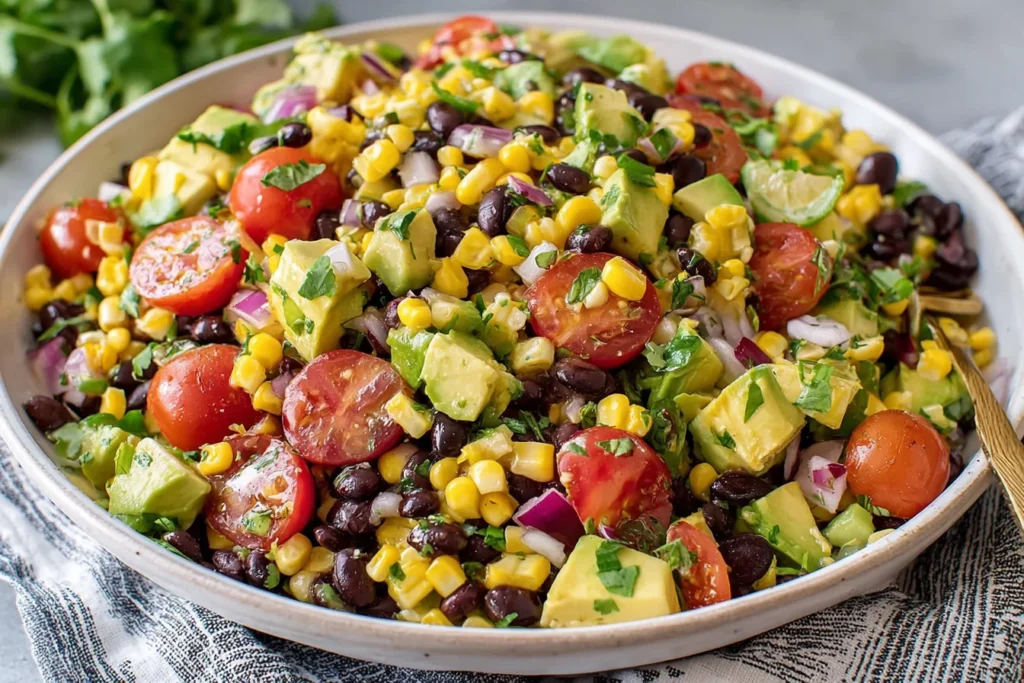 Close-up of Black Bean Salad with Corn & Avocado mixed with red onion and lime dressing