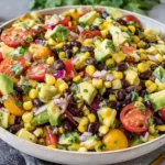 Black Bean Salad with Corn & Avocado in a bowl with cherry tomatoes and fresh cilantro