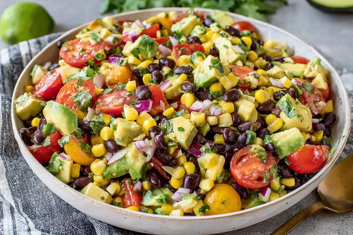 Black Bean Salad with Corn & Avocado in a bowl with cherry tomatoes and fresh cilantro
