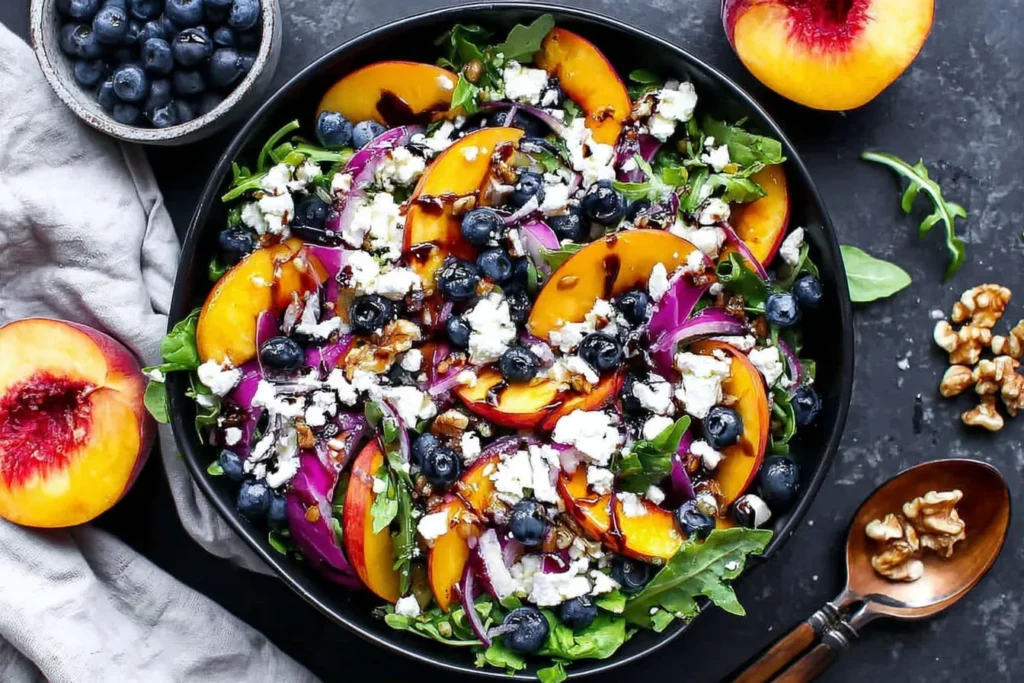 Colorful Blueberry Peach Feta Salad with walnuts, red onion, and fresh greens