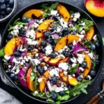 Colorful Blueberry Peach Feta Salad with walnuts, red onion, and fresh greens