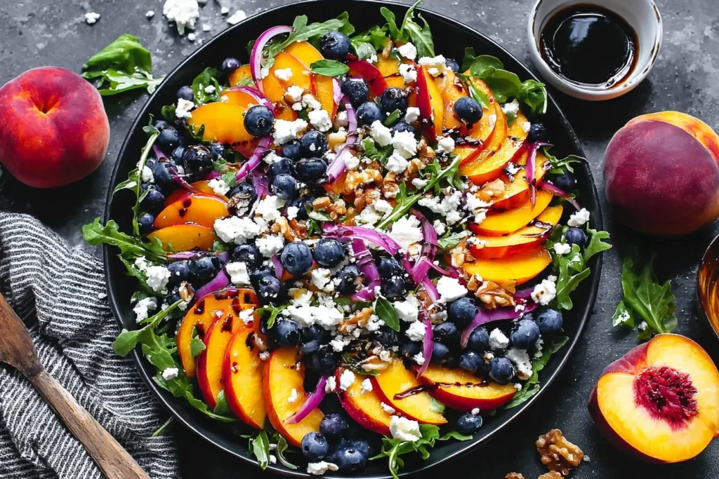 Blueberry Peach Feta Salad with fresh peaches, blueberries, feta, and balsamic glaze
