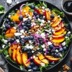 Blueberry Peach Feta Salad with fresh peaches, blueberries, feta, and balsamic glaze
