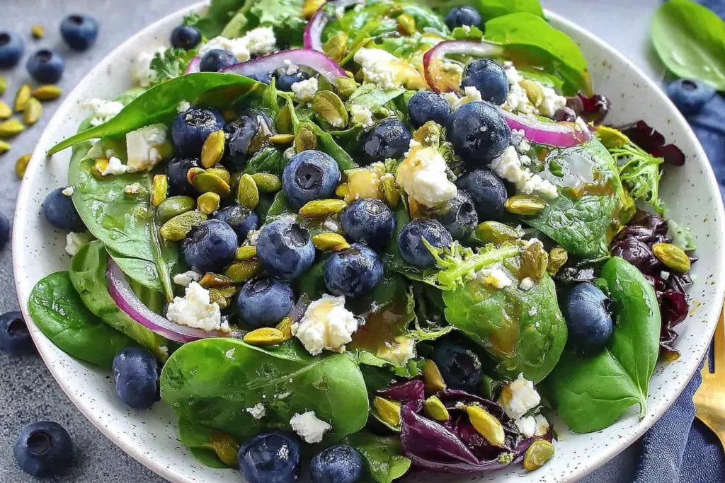 Close-up of Blueberry Pistachio Spring Salad with spinach, red onion, feta, and pistachios