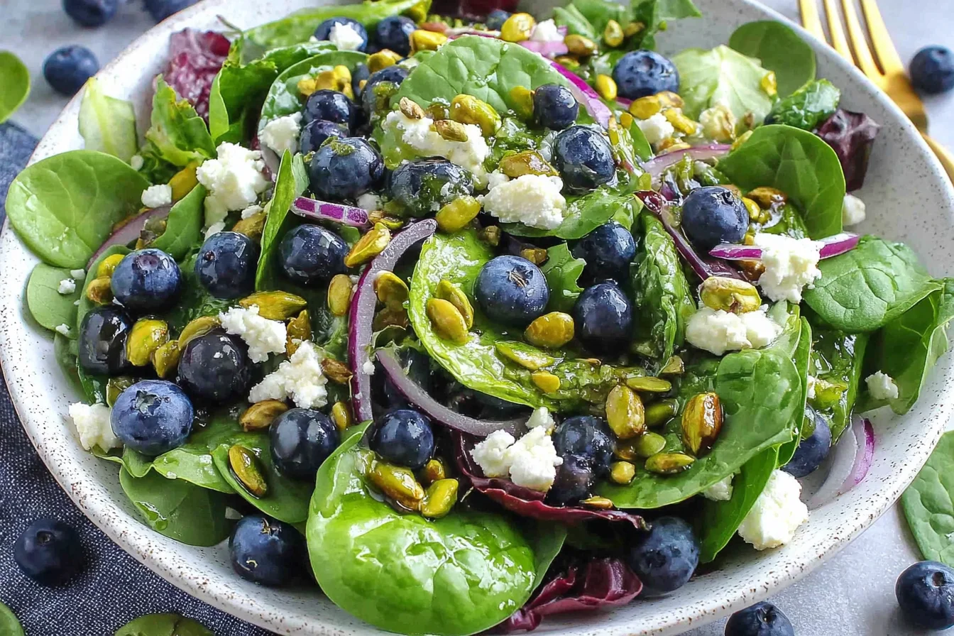 Blueberry Pistachio Spring Salad with fresh greens, feta cheese, and balsamic dressing