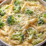 Broccoli Cheese Pasta Recipe served warm with melted cheese, garlic, and fresh broccoli florets