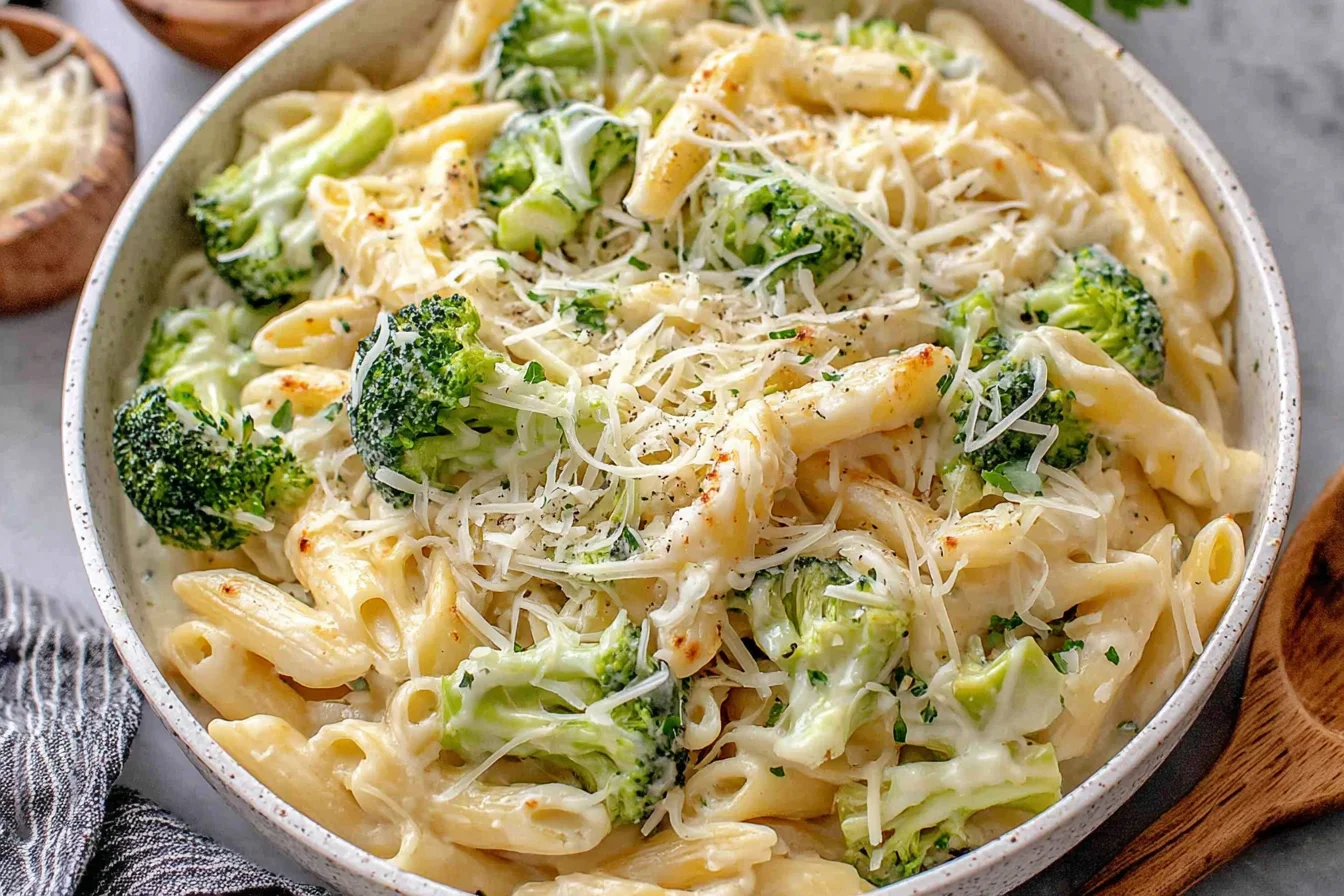 Broccoli Cheese Pasta Recipe served warm with melted cheese, garlic, and fresh broccoli florets
