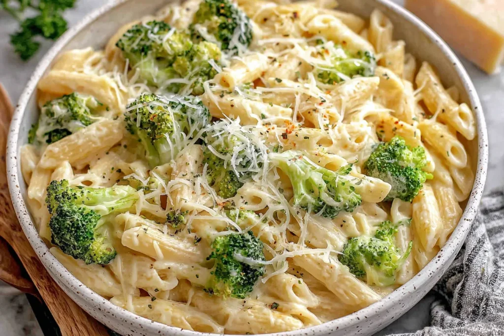 Broccoli Cheese Pasta Recipe with creamy sauce, tender broccoli, and penne pasta topped with grated cheese