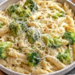 Broccoli Cheese Pasta Recipe with creamy sauce, tender broccoli, and penne pasta topped with grated cheese