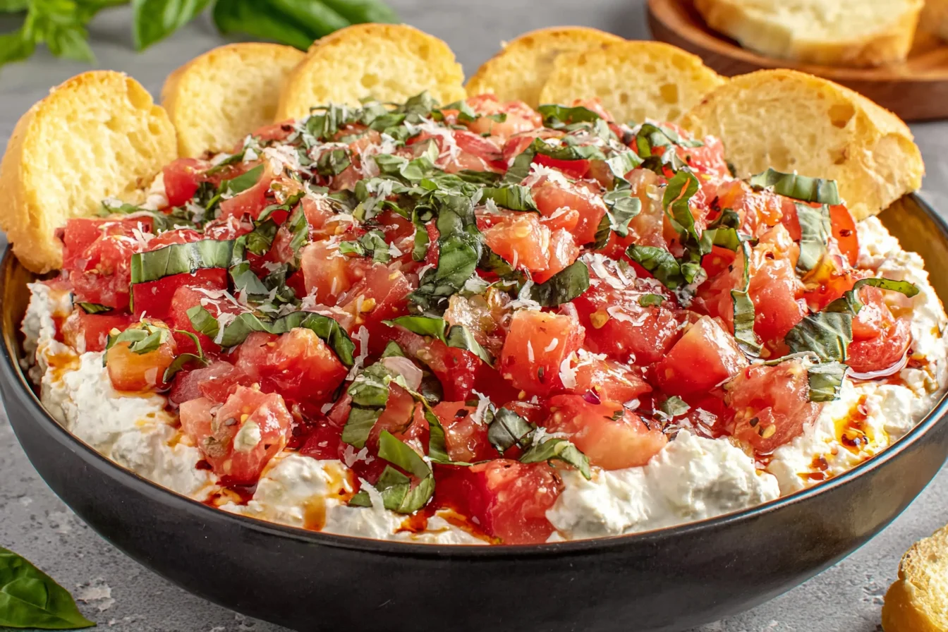 Bruschetta Dip Recipe topped with basil and parmesan served with crostini slices