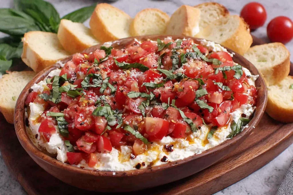 Bruschetta Dip Recipe with fresh tomatoes basil and creamy cheese served with toasted bread