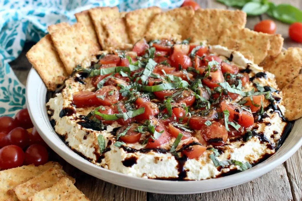 Bruschetta Dip with cherry tomatoes, basil, and balsamic glaze served with crisp crackers