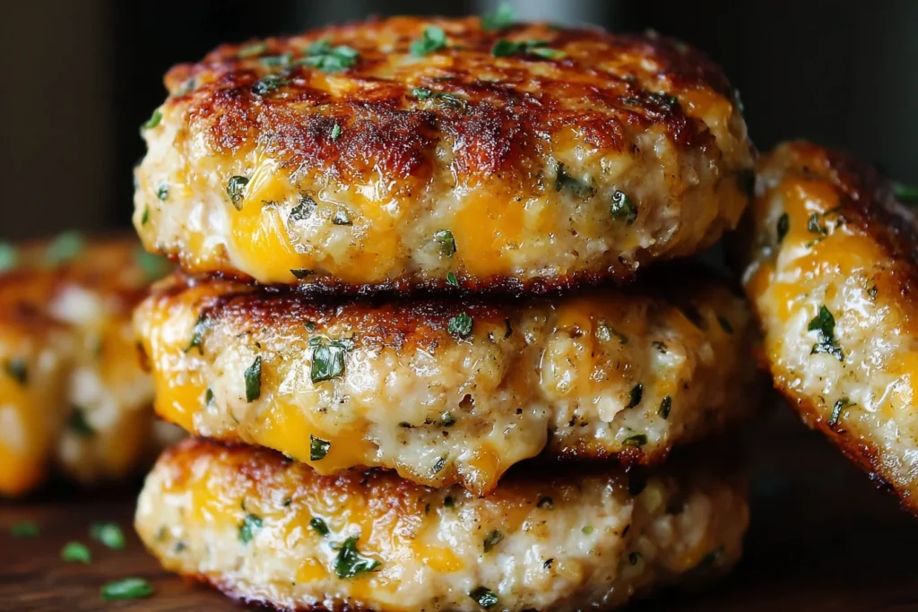 Close-up of Cheddar Ranch Chicken Burgers with crispy edges and melted cheddar