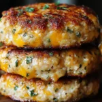 Close-up of Cheddar Ranch Chicken Burgers with crispy edges and melted cheddar