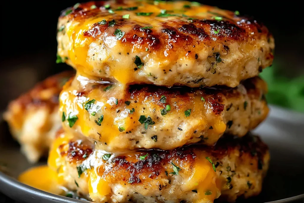 Cheddar Ranch Chicken Burgers stacked with melted cheese and herbs