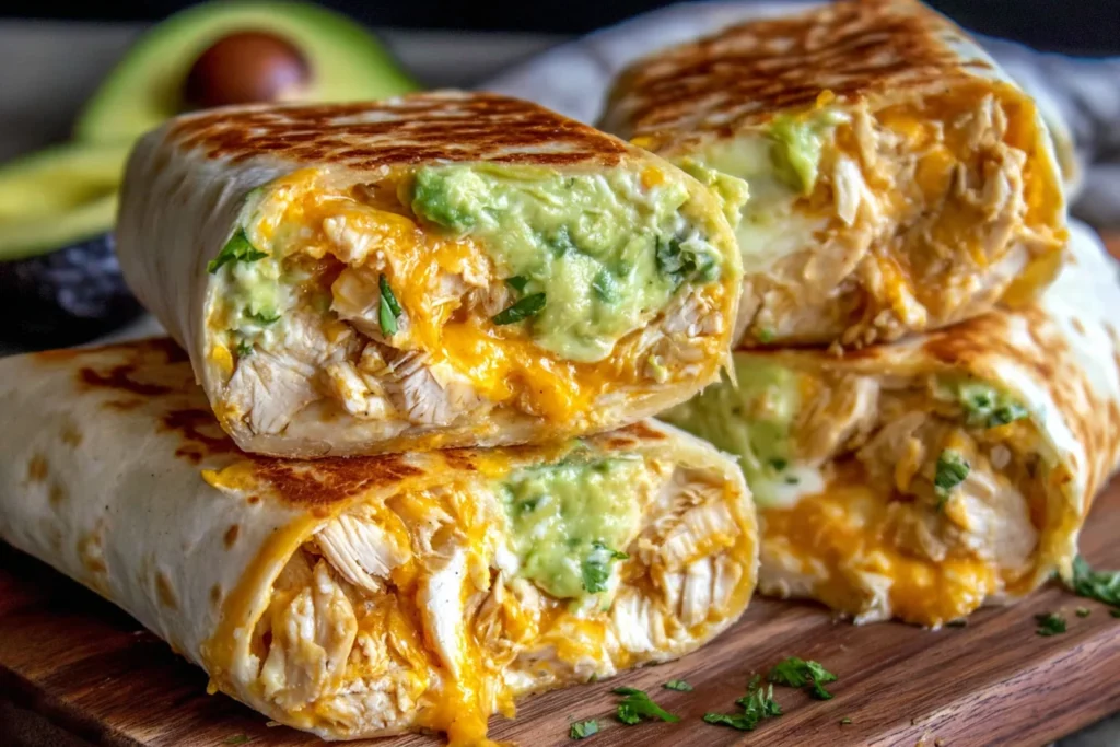 Chicken Avocado Ranch Burritos sliced open showing cheesy chicken and avocado filling