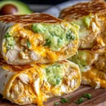 Chicken Avocado Ranch Burritos sliced open showing cheesy chicken and avocado filling