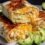 Chicken Avocado Ranch Burritos stacked with melted cheese and creamy avocado filling