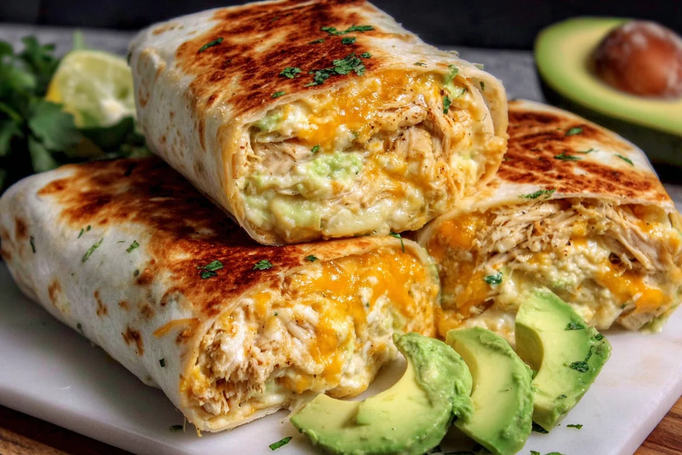 Chicken Avocado Ranch Burritos stacked with melted cheese and creamy avocado filling