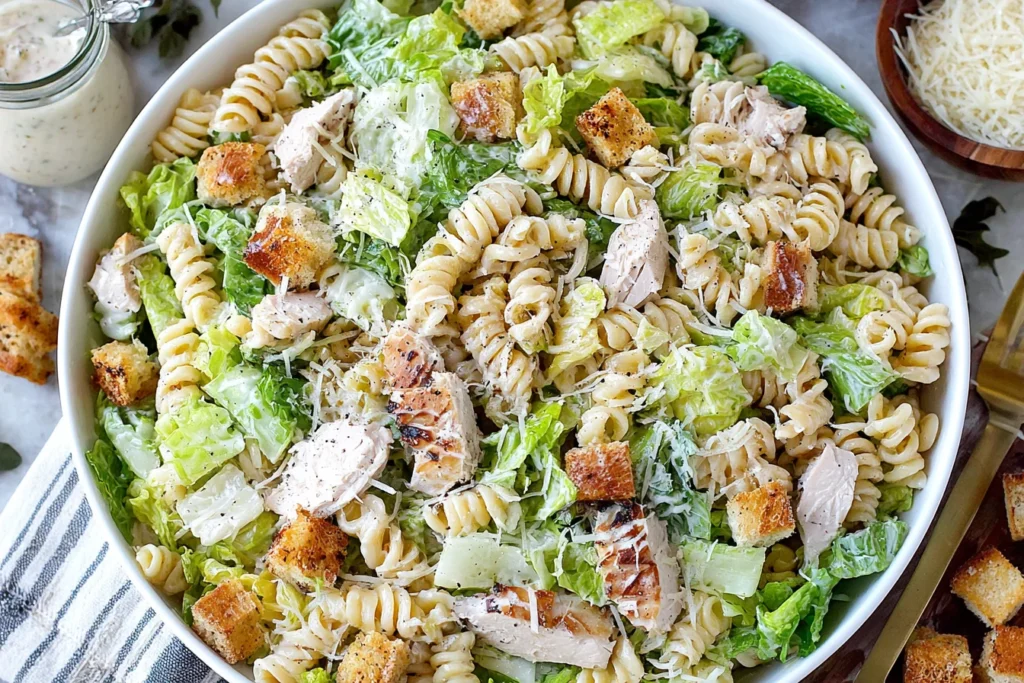 Fresh Chicken Caesar Pasta Salad with grilled chicken, rotini pasta, romaine, and crispy croutons