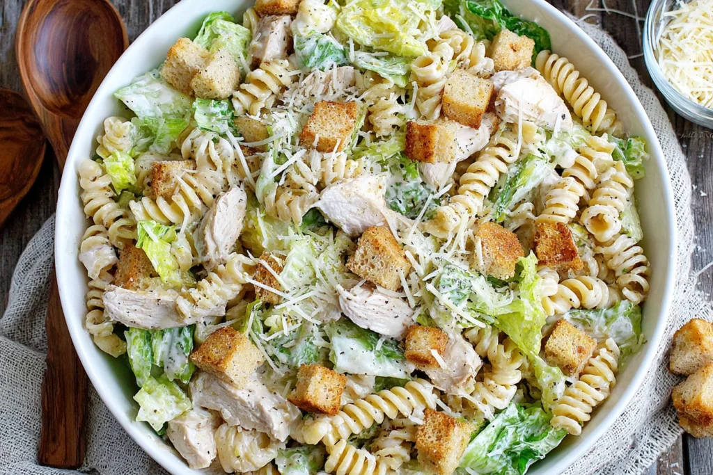 Creamy Chicken Caesar Pasta Salad with shredded chicken, romaine lettuce, and Parmesan cheese