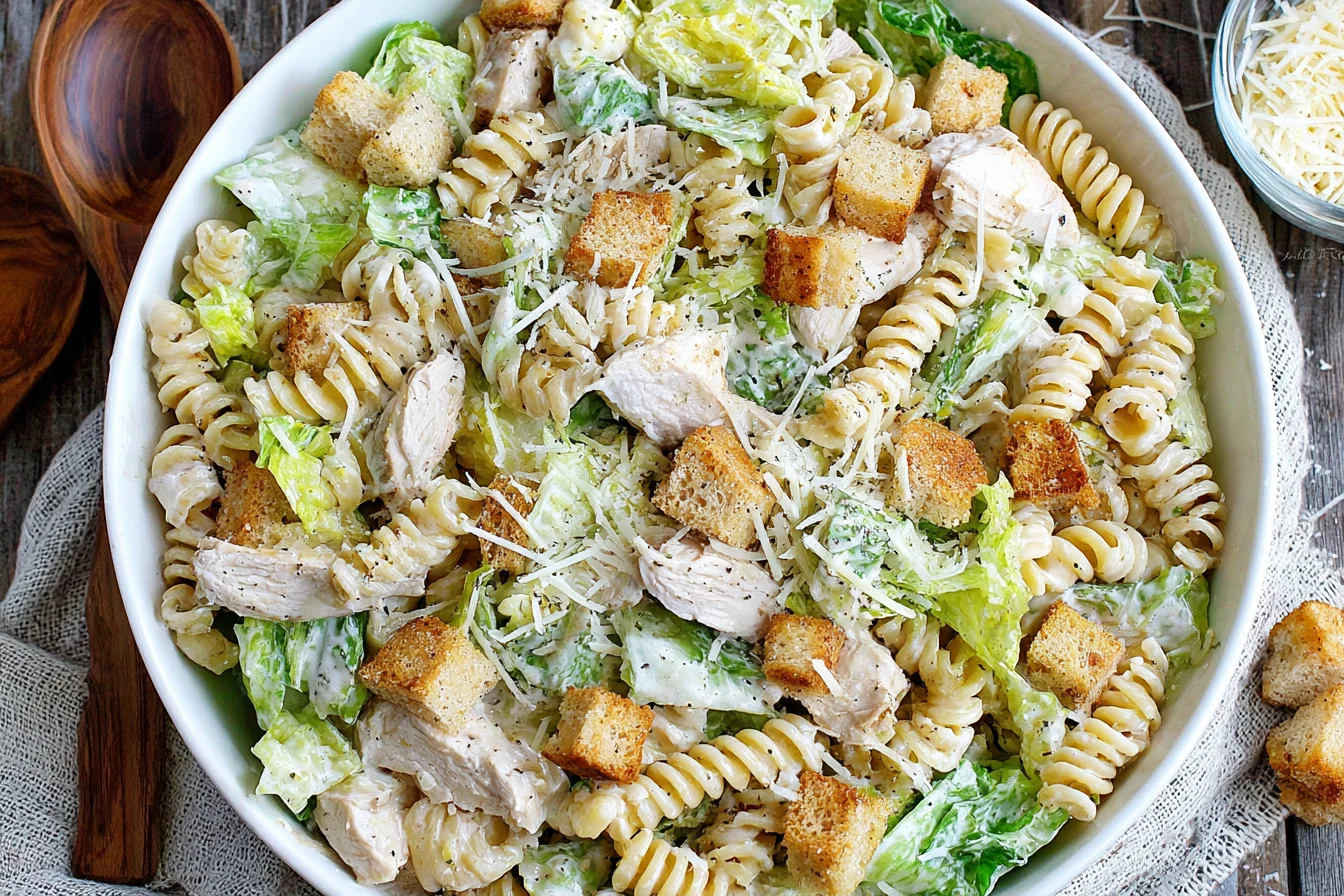 Creamy Chicken Caesar Pasta Salad with shredded chicken, romaine lettuce, and Parmesan cheese