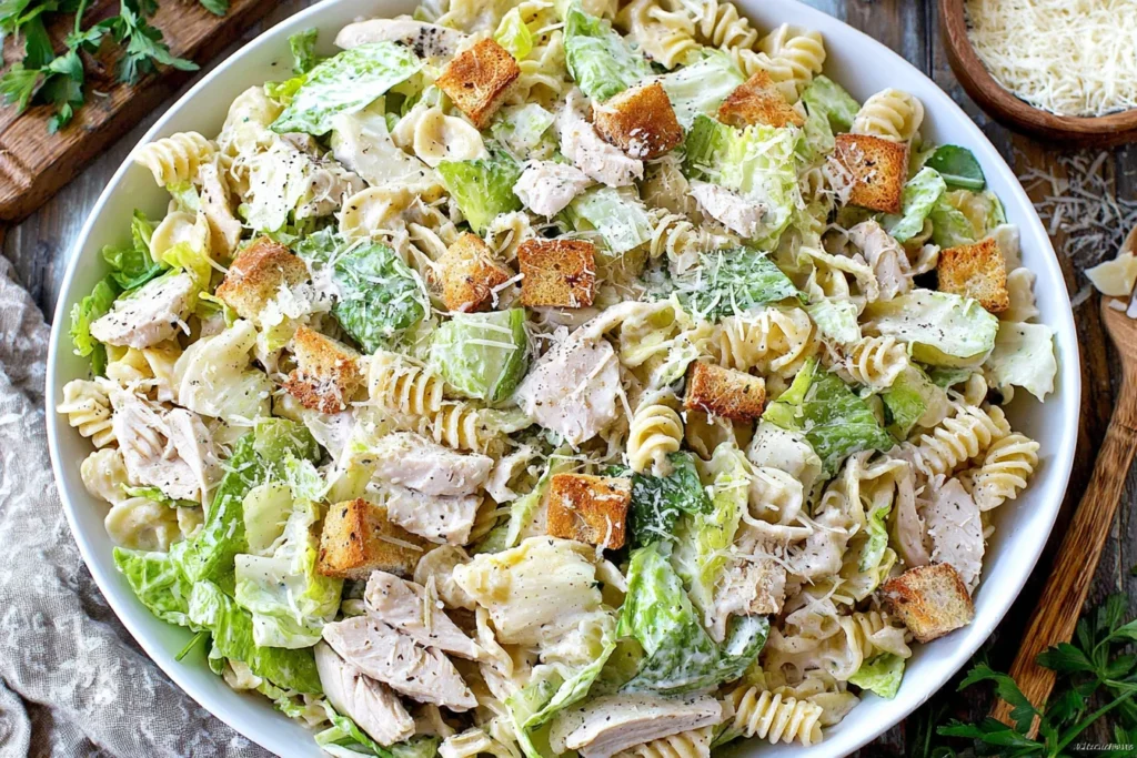 Chicken Caesar Pasta Salad with rotini, grilled chicken, romaine, and croutons in creamy dressing