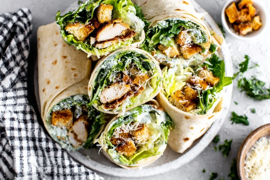 Chicken Caesar Wrap sliced and stacked with grilled chicken, romaine, croutons, and creamy dressing